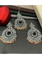 Peach Silver Stone Studded Earrings With Maang Tikka